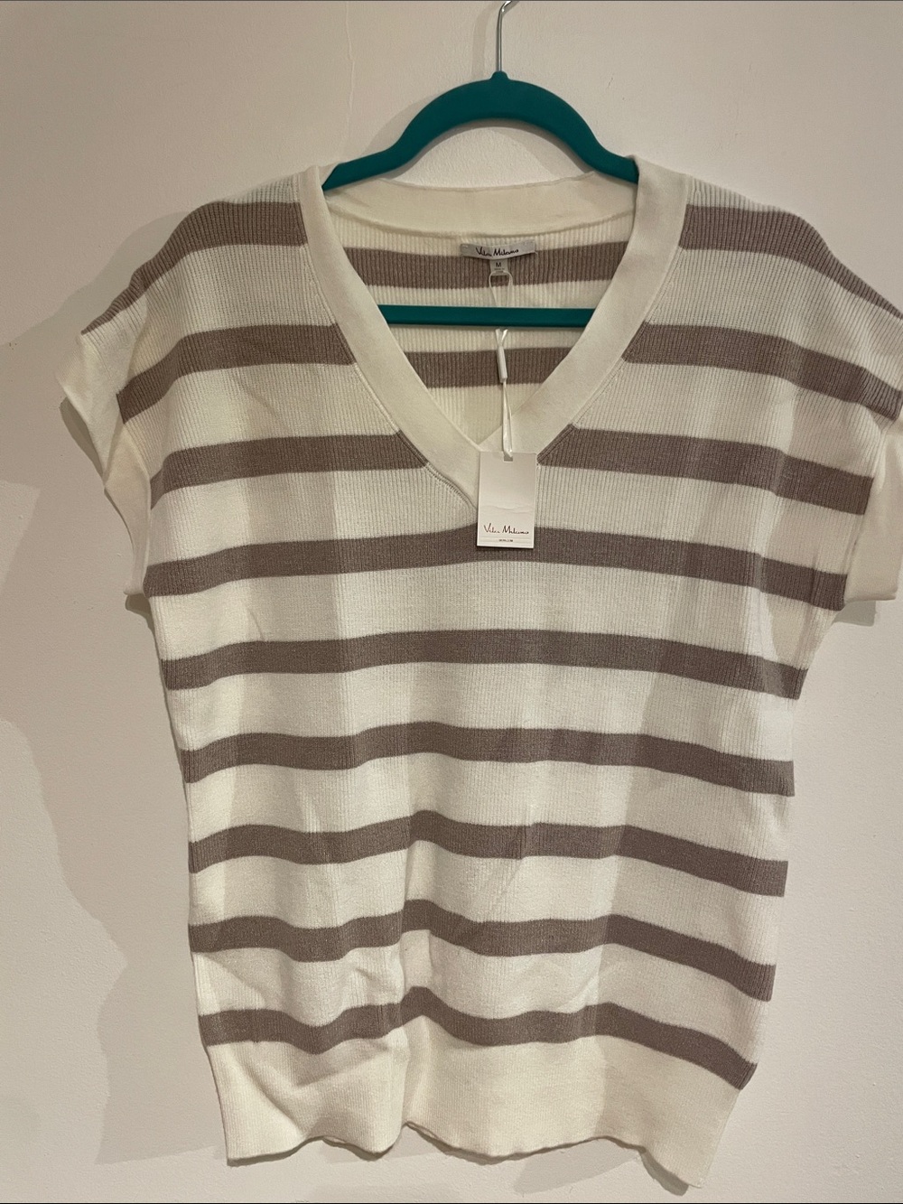 VILA Short Sleeve V-Neck Stripe Top - Cream & Taupe